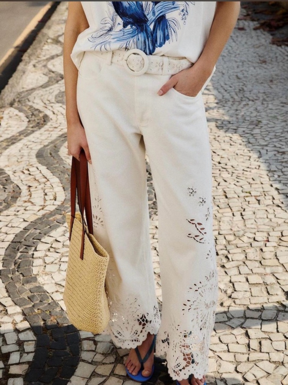 FARM Rio Cream Wide-Leg Laser-Cut Flare Jeans